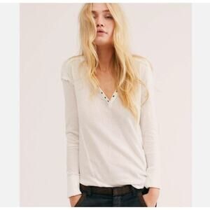 We The Free People Military Mix Studded Henley Ribbed Cuff Tee Ivory - Size XS